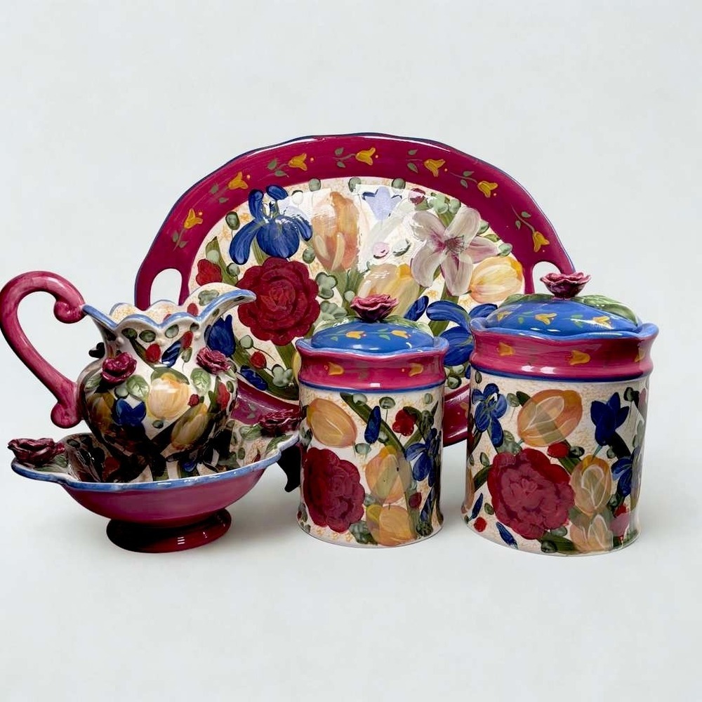 Fioriware Hand Painted Art Pottery 5 Piece Set Plus Lids Glazed Ceramic Vintage